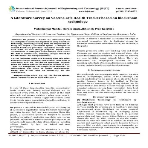 A Literature Survey on Vaccine safe Health Tracker based on blockchain techno...