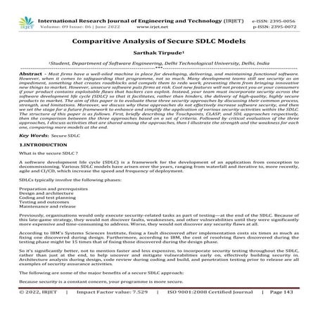 Comparitive Analysis of Secure SDLC Models