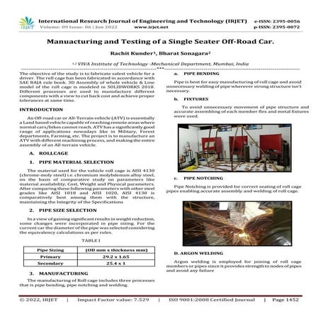 Manuacturing and Testing of a Single Seater Off-Road Car.
