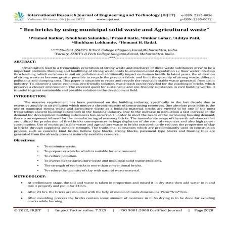 Eco bricks by using municipal solid waste and Agricultural waste