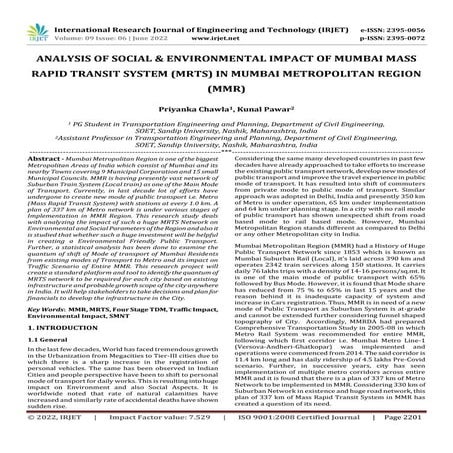 ANALYSIS OF SOCIAL & ENVIRONMENTAL IMPACT OF MUMBAI MASS RAPID TRANSIT SYSTEM...