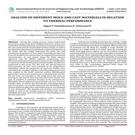 ANALYSIS OF DIFFERENT MOLD AND CAST MATERIALS IN RELATION TO THERMAL PERFORMANCE