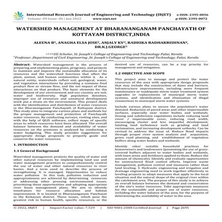 WATERSHED MANAGEMENT AT BHARANANGANAM PANCHAYATH OF KOTTAYAM DISTRICT,INDIA