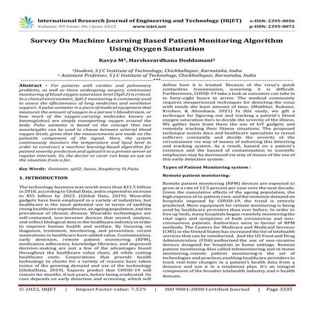 Survey On Machine Learning Based Patient Monitoring Algorithm Using Oxygen Sa...