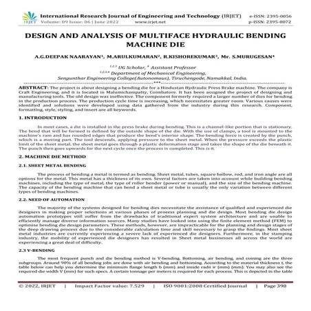 DESIGN AND ANALYSIS OF MULTIFACE HYDRAULIC BENDING MACHINE DIE