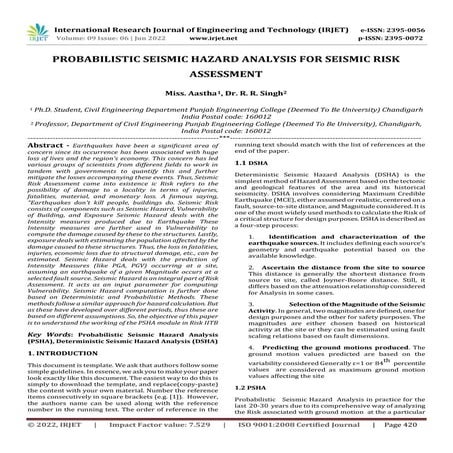 PROBABILISTIC SEISMIC HAZARD ANALYSIS FOR SEISMIC RISK ASSESSMENT | PDF