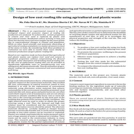 Design of low cost roofing tile using agricultural and plastic waste | PDF