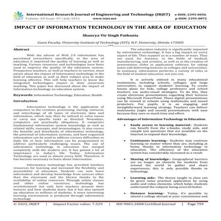 IMPACT OF INFORMATION TECHNOLOGY IN THE AREA OF EDUCATION