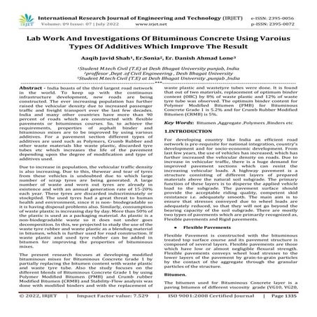 Lab Work And Investigations Of Bituminous Concrete Using Varoius Types Of Add...