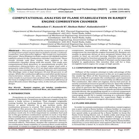 COMPUTATIONAL ANALYSIS OF FLAME STABILIZATION IN RAMJET ENGINE COMBUSTION CHA...
