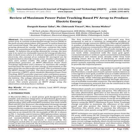 Review of Maximum Power Point Tracking Based PV Array to Produce Electric Energy