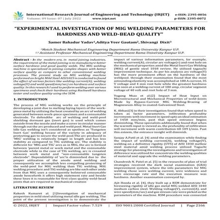 “EXPERIMENTAL INVESTIGATION OF MIG WELDING PARAMETERS FOR HARDNESS AND WELD-B...