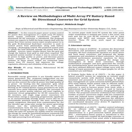A Review on Methodologies of Multi Array PV Battery Based Bi- Directional Con...