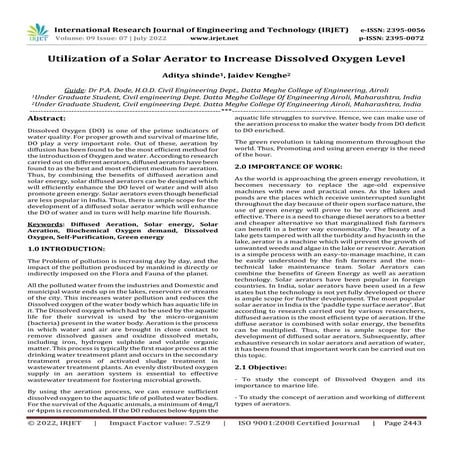Utilization of a Solar Aerator to Increase Dissolved Oxygen Level | PDF