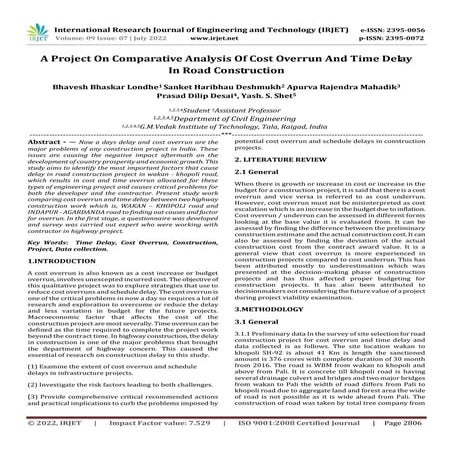 A Project On Comparative Analysis Of Cost Overrun And Time Delay In Road Cons...