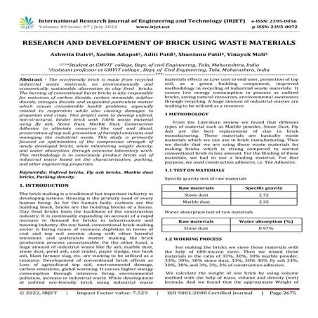 RESEARCH AND DEVELOPEMENT OF BRICK USING WASTE MATERIALS