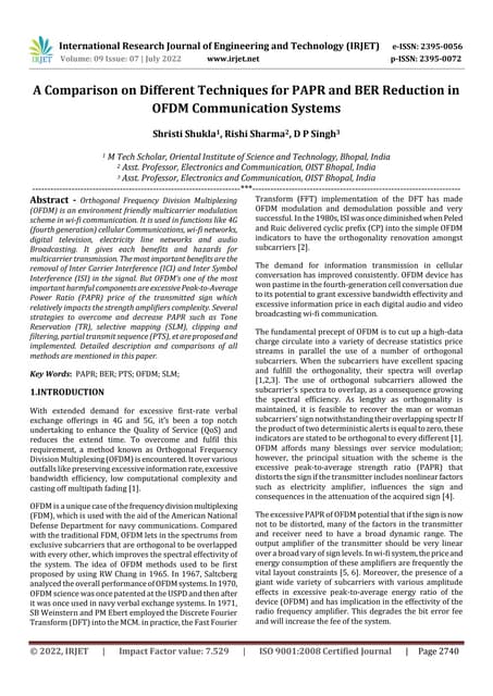 A Comparison on Different Techniques for PAPR and BER Reduction in OFDM Commu...