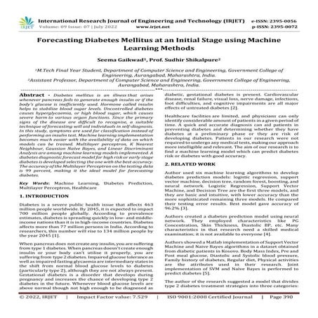 Forecasting Diabetes Mellitus at an Initial Stage using Machine Learning Methods