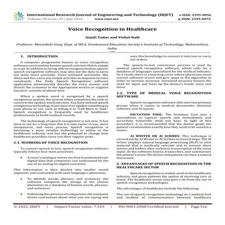 Voice Recognition in Healthcare | PDF