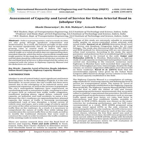 Assessment of Capacity and Level of Service for Urban Arterial Road in Jabalp...