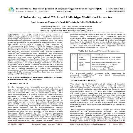 A Solar-Integrated 25-Level H-Bridge Multilevel Inverter
