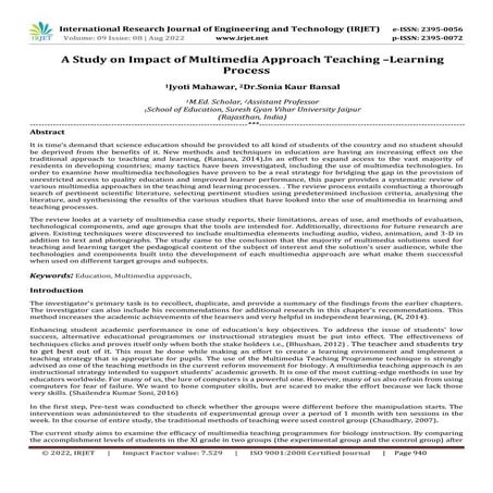 A Study on Impact of Multimedia Approach Teaching –Learning Process