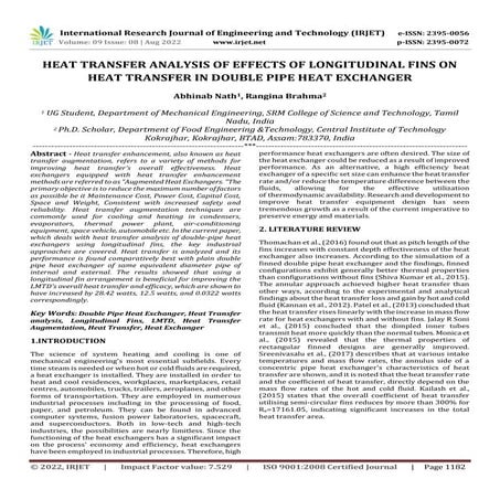HEAT TRANSFER ANALYSIS OF EFFECTS OF LONGITUDINAL FINS ON HEAT TRANSFER IN DO...