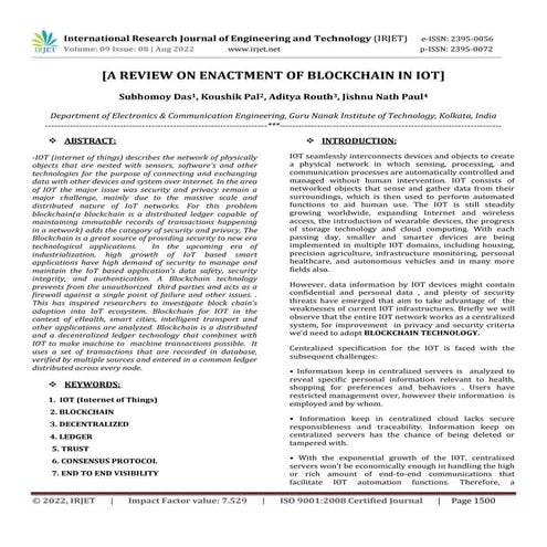 [A REVIEW ON ENACTMENT OF BLOCKCHAIN IN IOT]
