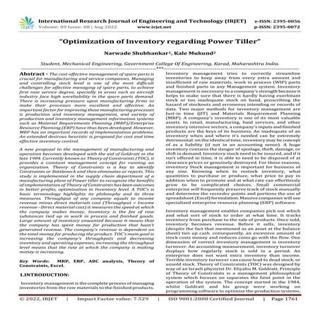 “Optimization of Inventory regarding Power Tiller”