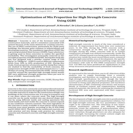 Optimization of Mix Proportion for High Strength Concrete Using GGBS | PDF