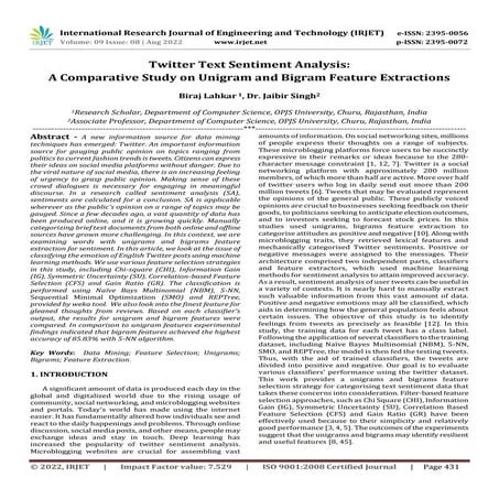 Twitter Text Sentiment Analysis: A Comparative Study on Unigram and Bigram Fe...