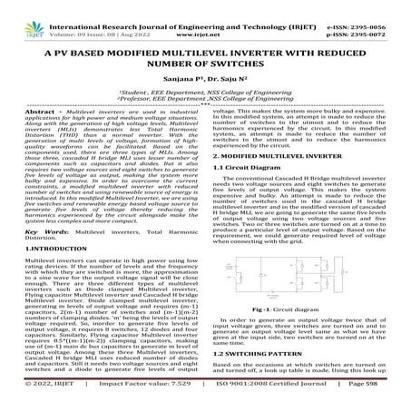 A PV BASED MODIFIED MULTILEVEL INVERTER WITH REDUCED NUMBER OF SWITCHES