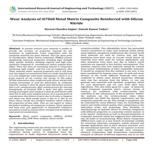 Wear Analysis of Al7068 Metal Matrix Composite Reinforced with Silicon Nitride