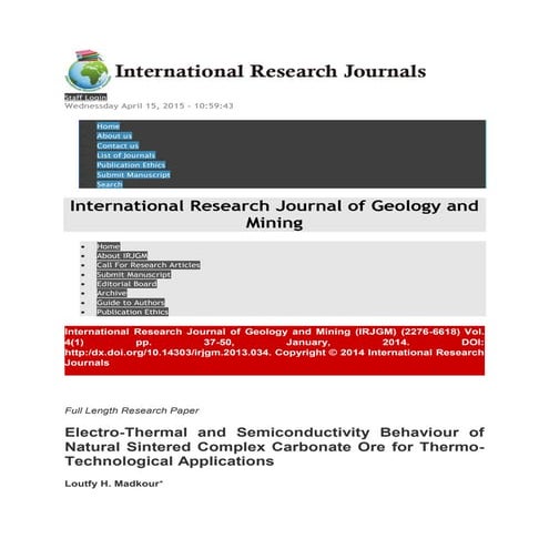 Electro-Thermal and Semiconductivity Behaviour of Natural Sintered Complex Ca...