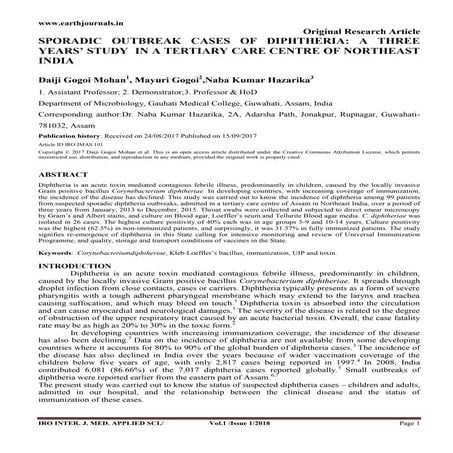SPORADIC OUTBREAK CASES OF DIPHTHERIA: A THREE YEARS’ STUDY IN A TERTIARY CAR...