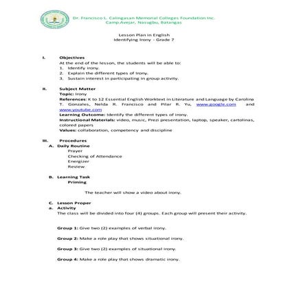 Semi Detailed lesson plan in ENGLISH: Irony