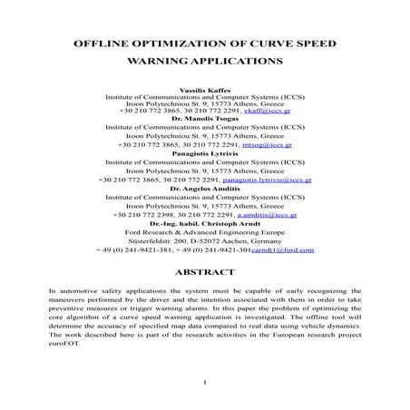 Offline Optimization Of Curve Speed Warning Applications, Vassilis Kaffes, ICCS