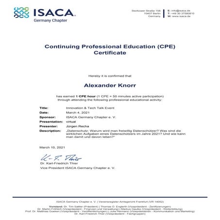 ISACA Germany   cpe-bescheinigung - Alexander Knorr