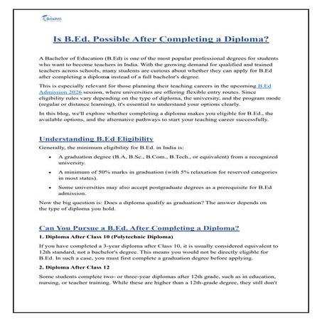 Is B.Ed. Possible After Completing a Diploma? Full Eligibility Guide | PDF
