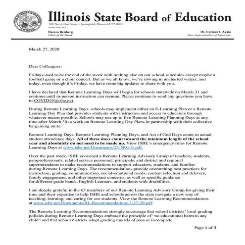 Isbe letter to Illinois Superintendents