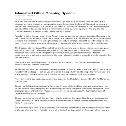 New Islamabad Office Opening Speech