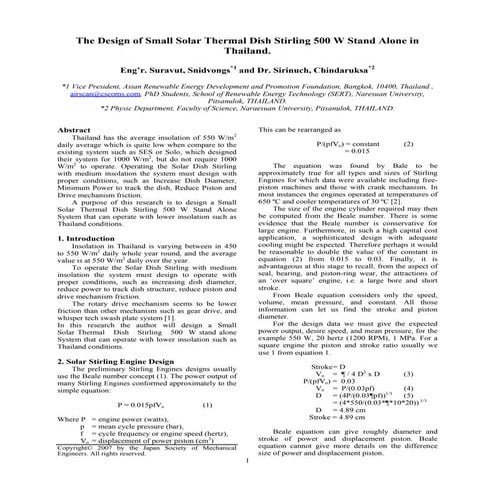 The Design of Small Solar Thermal Dish Stirling 500 W Stand Alone in Thailand.