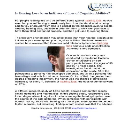 Is hearing loss be an indicator of loss of cognitive abilities 