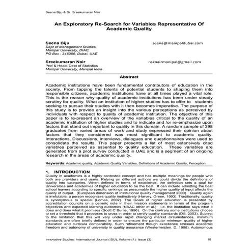 An exploratory re-search for variables representative of Academic Quality