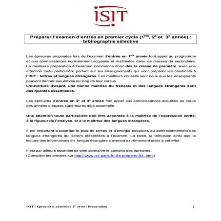 ISIT - Préparer l’examen d’entrée au premier cycle : bibliographie sélective