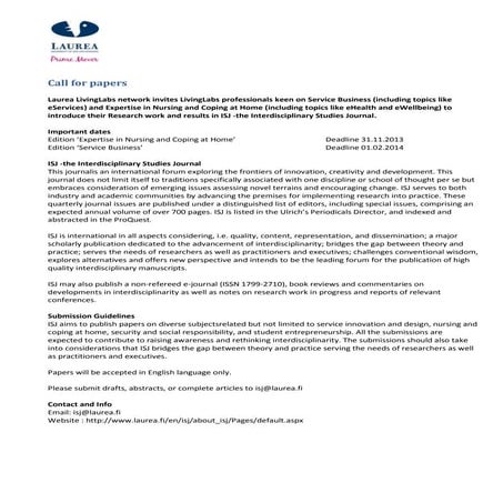 ISJ Call for papers related to eHealth, Expertise in Nursing and Coping at Home and Service Busines