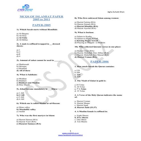 Islamiat solved mcqs 2005 to 2011