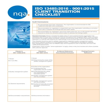NQA - ISO 13485 Transition Checklist
