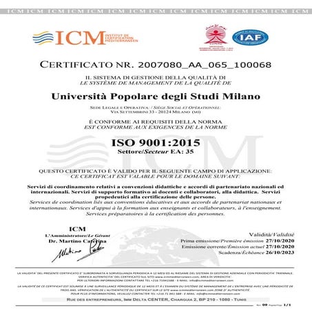 Iso 9001:2015 - Università Popolare degli Studi di Milano 