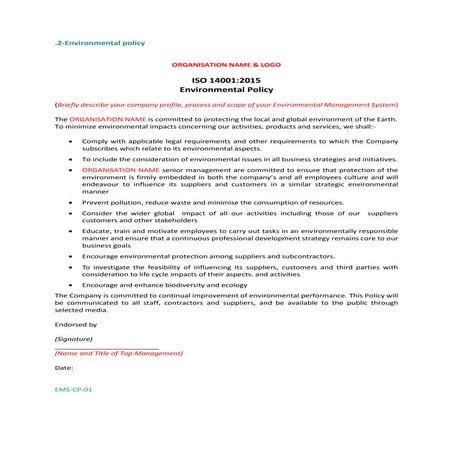 ISO 14001 2015 policy statement example